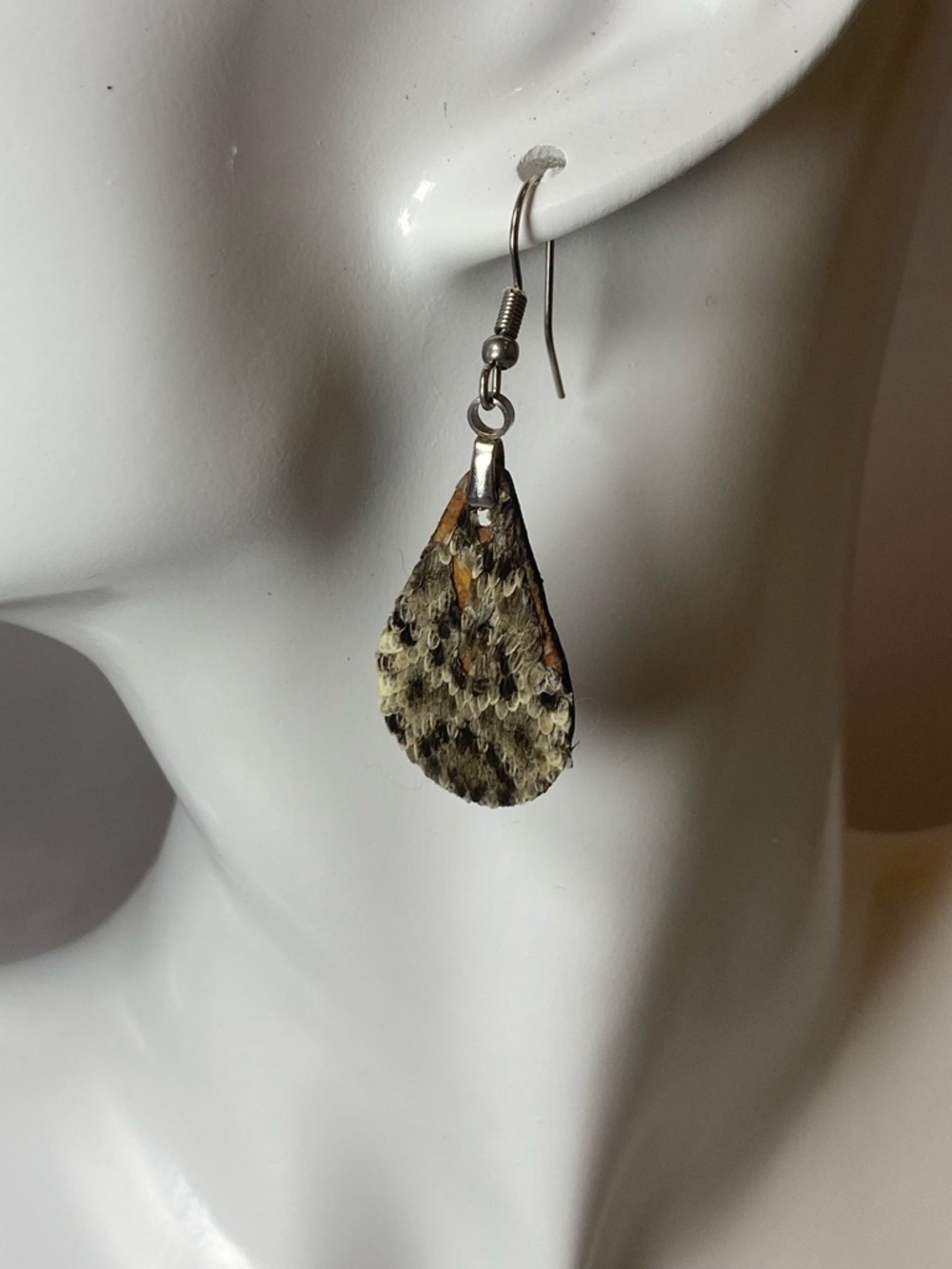 Hand Crafted Teardrop Earrings - Rattlesnake/Leather